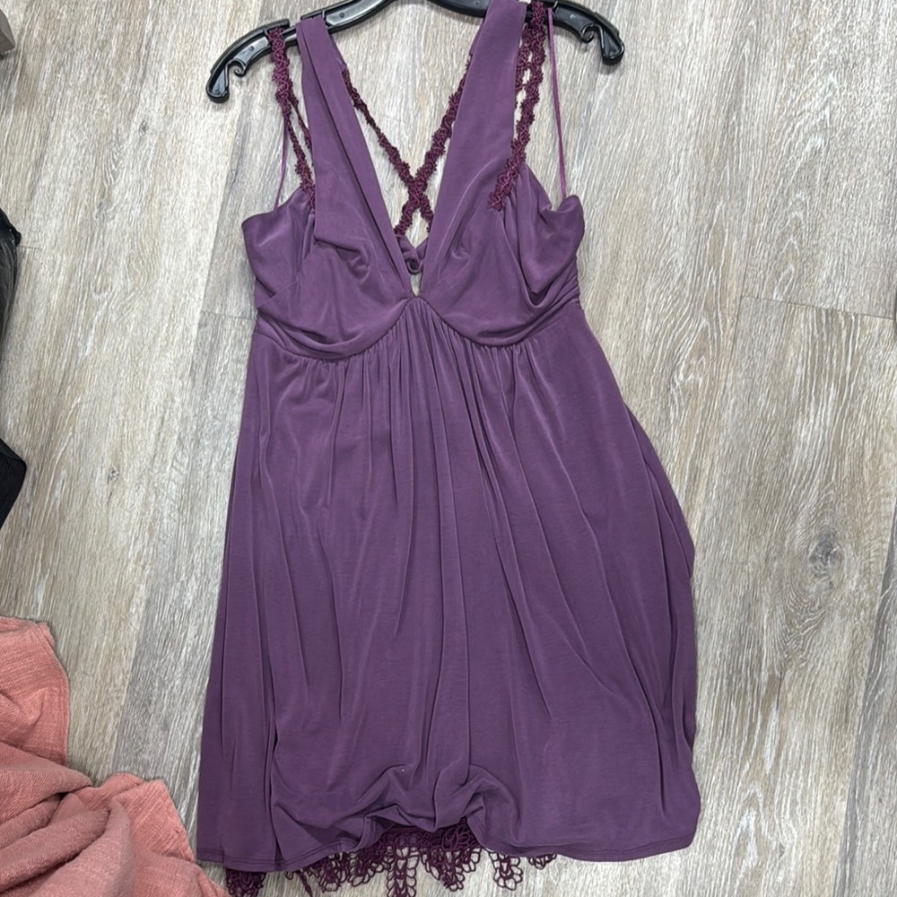Free People Purple Chemise with Lace Trim and Empire Waist